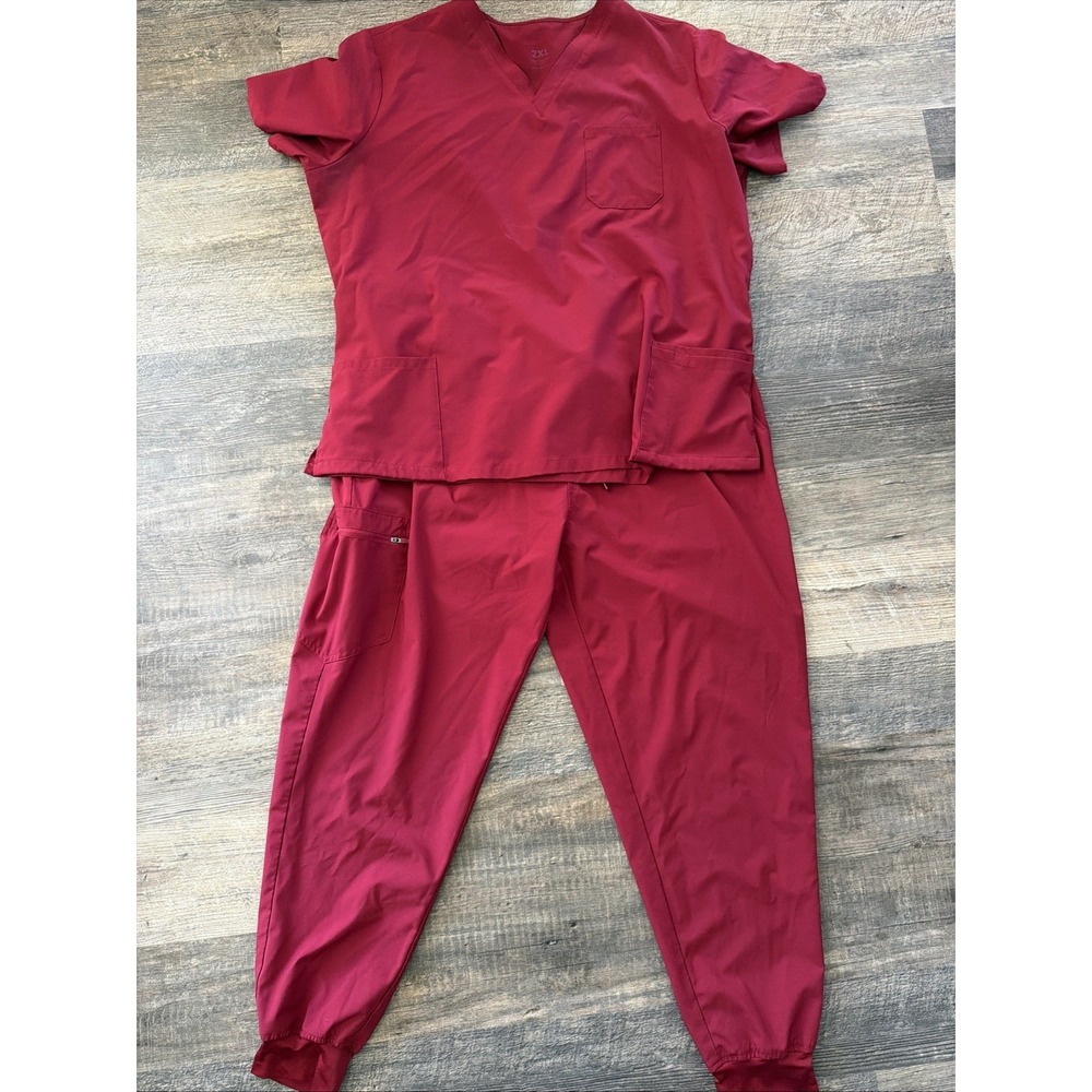 Women's 2XL Maroon Scrubs Set VNeck Jogger Pockets Red